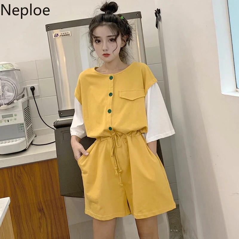 

Neploe Safari Style Women Overalls 2019 New Short Sleeve Contrast Color Playsuits Drawstring Lace Up Slim Waist Bodysuit 52780