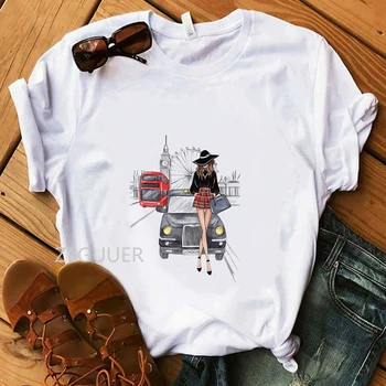 

London Girl Lovely T-shirt Vogue White Tees 100% Cotton Soft O-Neck Women T-Shirt Coffee Lady and Car Illustration Summer Tops