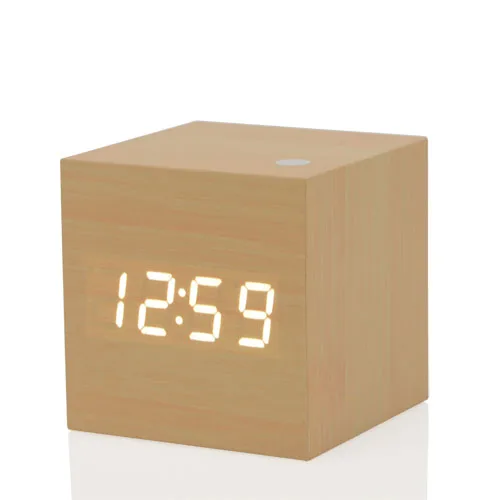 Multicolor Cube LED Wooden Alarm Clock Modern Sound Control Square