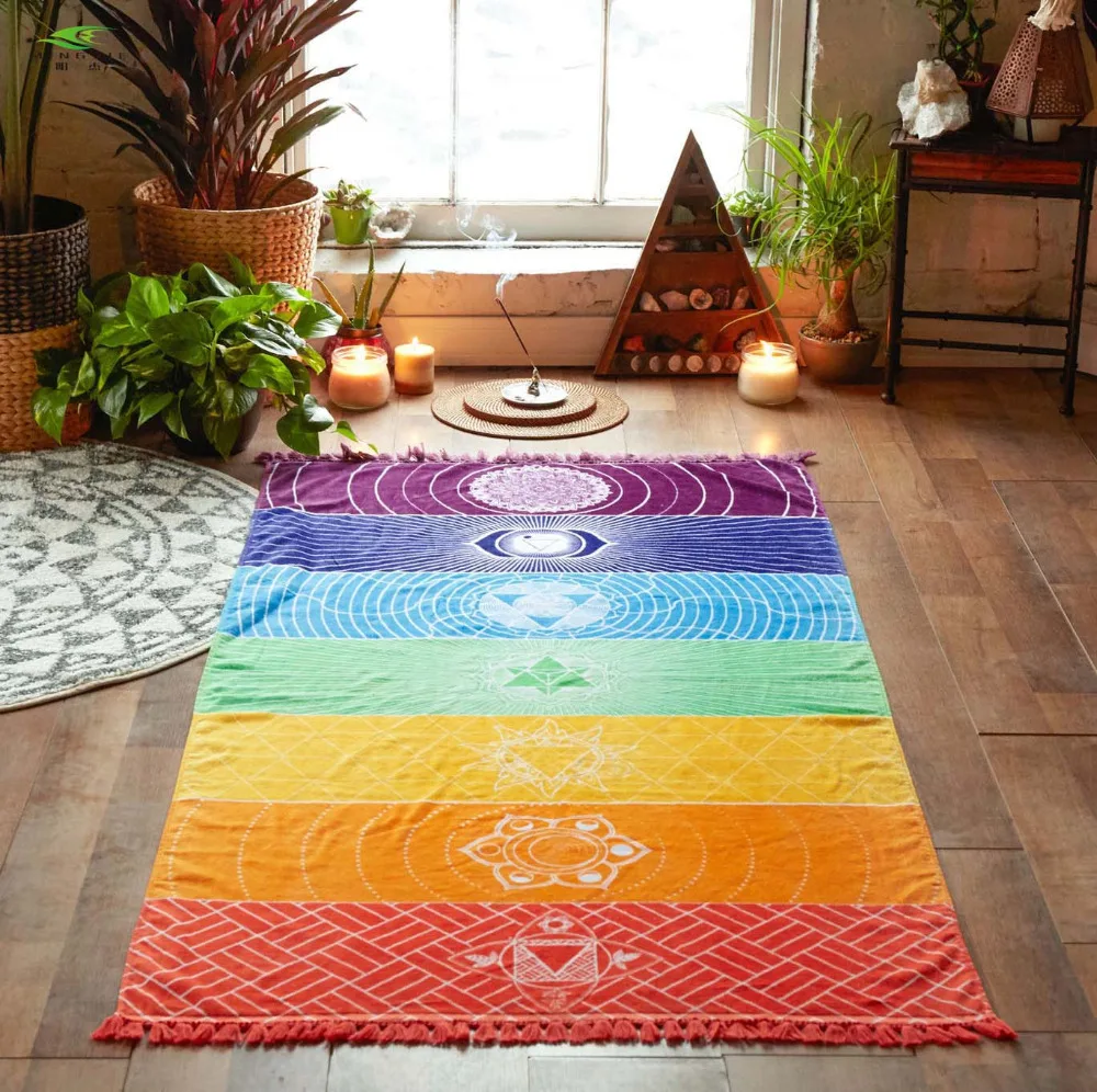 

NEW Microfiber Fabric Material Bohemia India Mandala Blanket 7 Chakra Rainbow Stripes Tapestry Beach Towel Yoga Mat Bath Towel