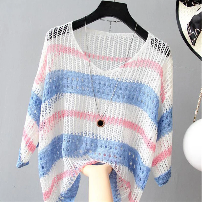 

women's clothing han edition loose thin contrast color stripe hollow-out the knitting is prevented bask in smock coat