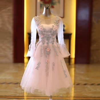 

Pink Tulle Short A-line Bridesmaid Dresses Sexy See Through Appliques Floor Length Party Gowns Robe De Soiree Prom Dress