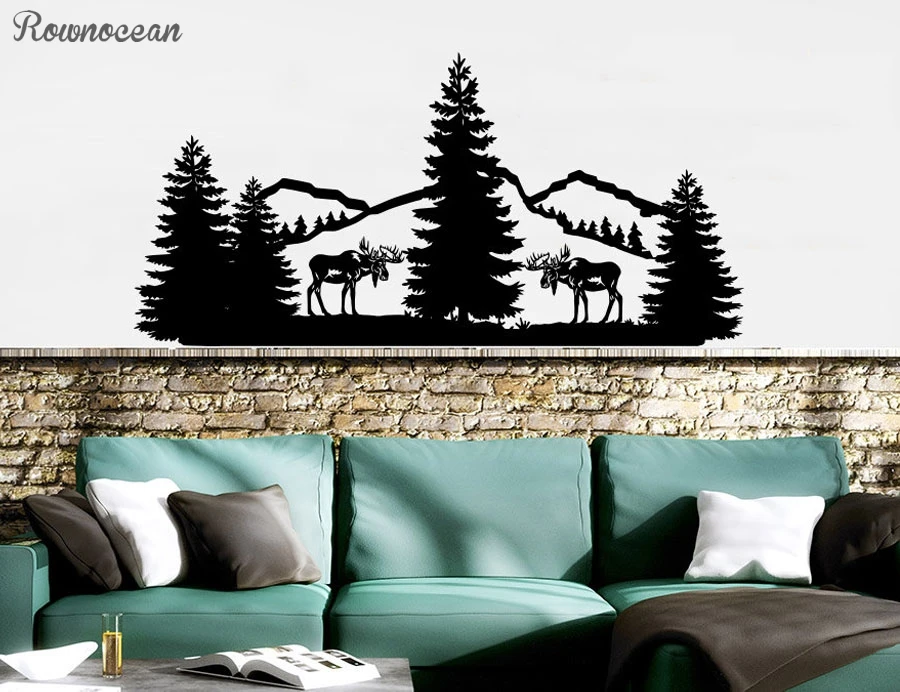 

Forest Landscape Nature Pine Trees Wall Decal Vinyl Home Decor For Living Room Mountains Animals Elk Sticker Interior Mural LR54