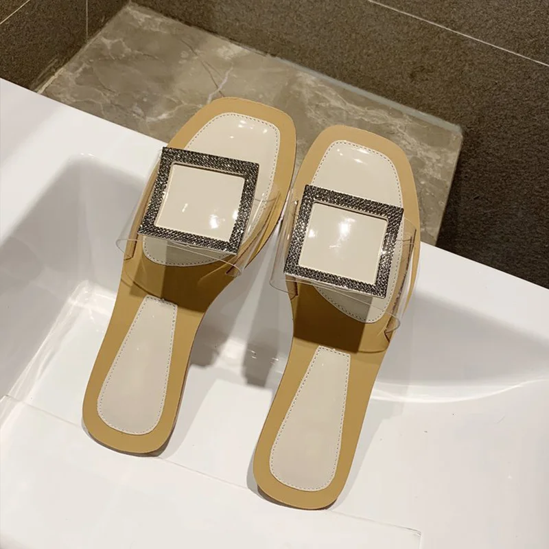 

Summer Women Crystal Flat Transparent Slippers Ladies Jelly Slides Metal Square Buckle Open Toe Female Slip On Shoes 2019