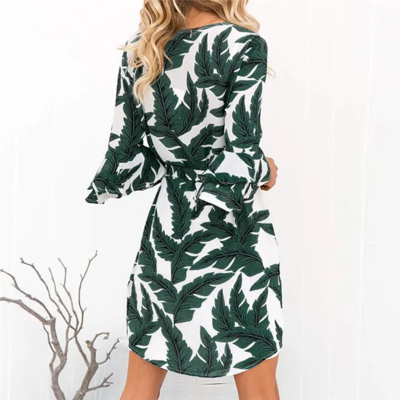 Fashion dress women summer Autumn 2018 Ladies Casual Three Quarter Leaf Printed Boho Dresses O-Neck Mini Dress vestido A21#N (7)