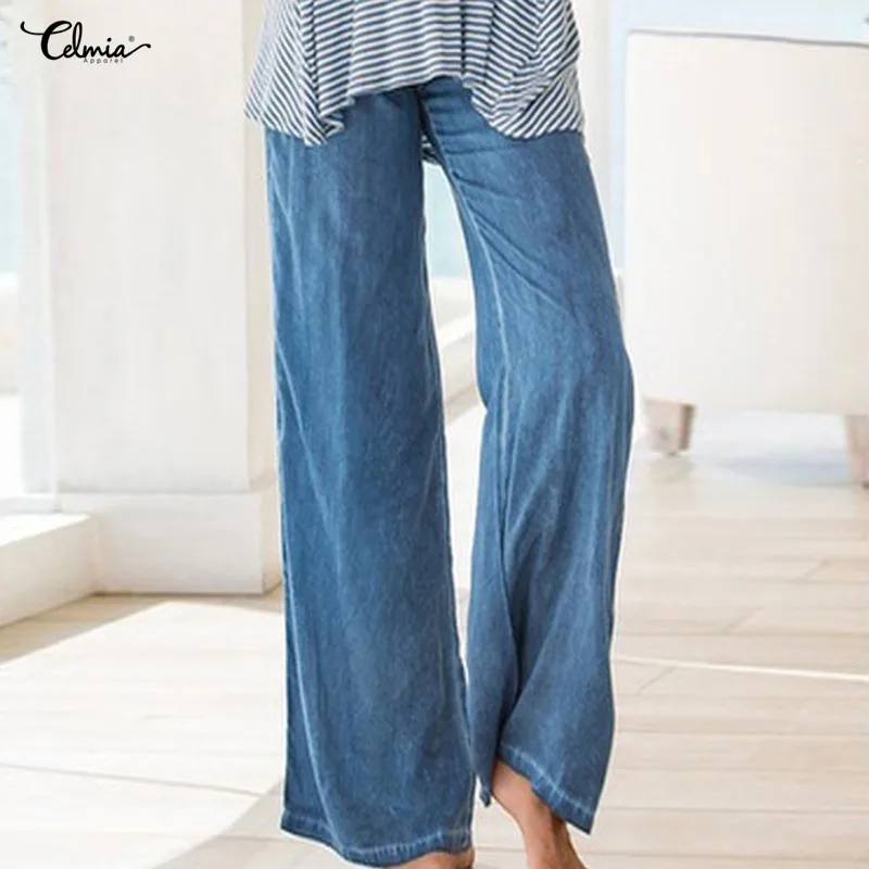 

Celmia 2019 Summer Women Wide Leg Pants High Waist Palazzo Pants Plus Size Denim Blue Elegant Long Trouser Pantalon Femme Pants
