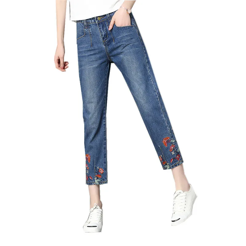 Джинсы женские вышитые укороченные брюки летние новые свободные прямые повседневные женские джинсы брюки