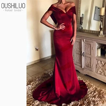 

Elegant Dark Red Satin Mermaid Long Evening Dress For Arabic Women V Neck Tiered Off Shoulder Trumpet Party Prom Dresses Gown