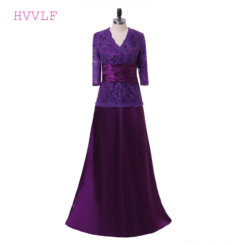 

Purple 2019 Mother Of The Bride Dresses A-line V-neck 3/4 Sleeves Satin Lace Long Groom Mother Dresses For Weddings Plus Size