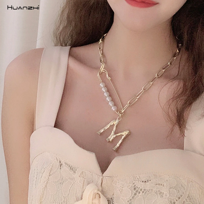 HUANZHI корейский 2019 имитация жемчуга письмо булавка безопасности ключичная цепь