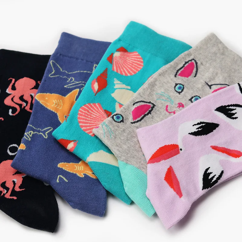 PEONFLY смешные носки женщин удобные хлопковые короткие носки оригинальность рыбные продукты животного Акула Осьминог основа Happy Cat мужские