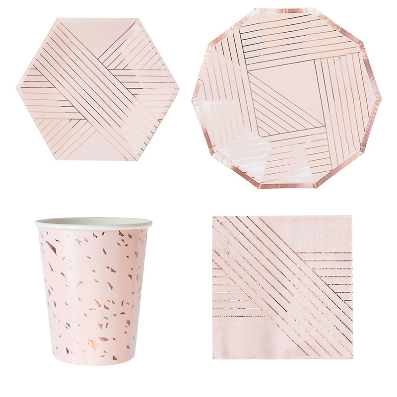 

Party Rose gold Disposable tableware Pink Striped Large Paper Plates Cups Children Gift Party Supplies Birthday Wedding Decor