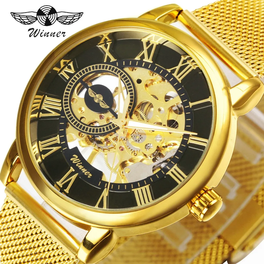 

WINNER Business Ultra Thin Golden Men Mechanical Watch Mesh Strap Skeleton Dial Luxury Style Male Hand-wind Wristwatch