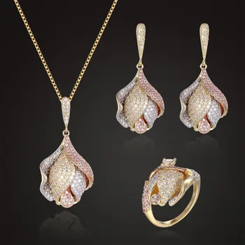 

Lanyika Jewelry Set Elegant Flower Bud Luxury Necklace with Earrings and Ring for Wedding Engagement Micro Paved Popular Gifts