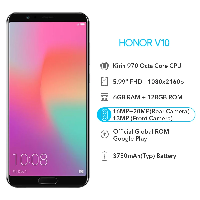Huawei Honor V10 6 ГБ 128 10 мобильный телефон 20 Мп + 16 МП двойная камера заднего вида Kirin 970