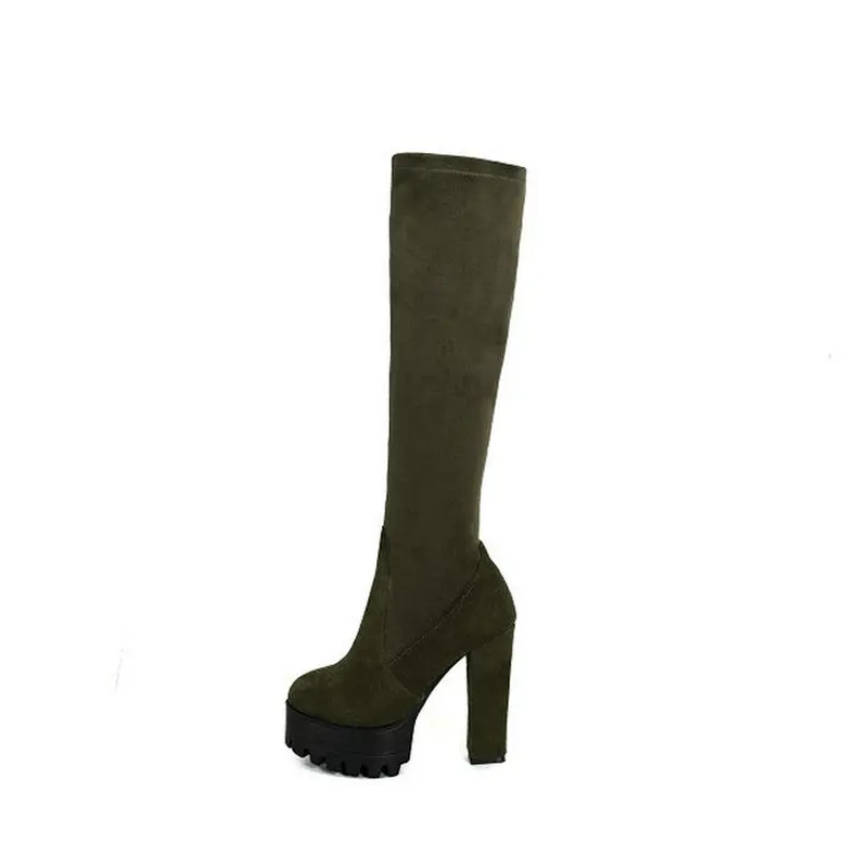 Замшевые Зимние женские сапоги выше колена; модные вечерние сапоги до бедра на высоком квадратном каблуке; сапоги на платформе и каблуке; цвет черный, зеленый;