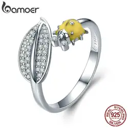 BAMOER кольцо для женщин Божья коровка лист прозрачный инкрустированный цирконами открыть женское кольцо из стерлингового серебра 925