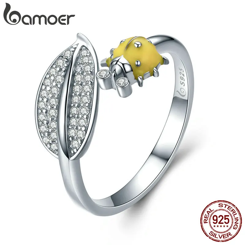 

BAMOER Ring for Women Ladybug Leaf Clear CZ Paved Open Female Ring Sterling Silver 925 Party Cocktail Jewelry GAR002