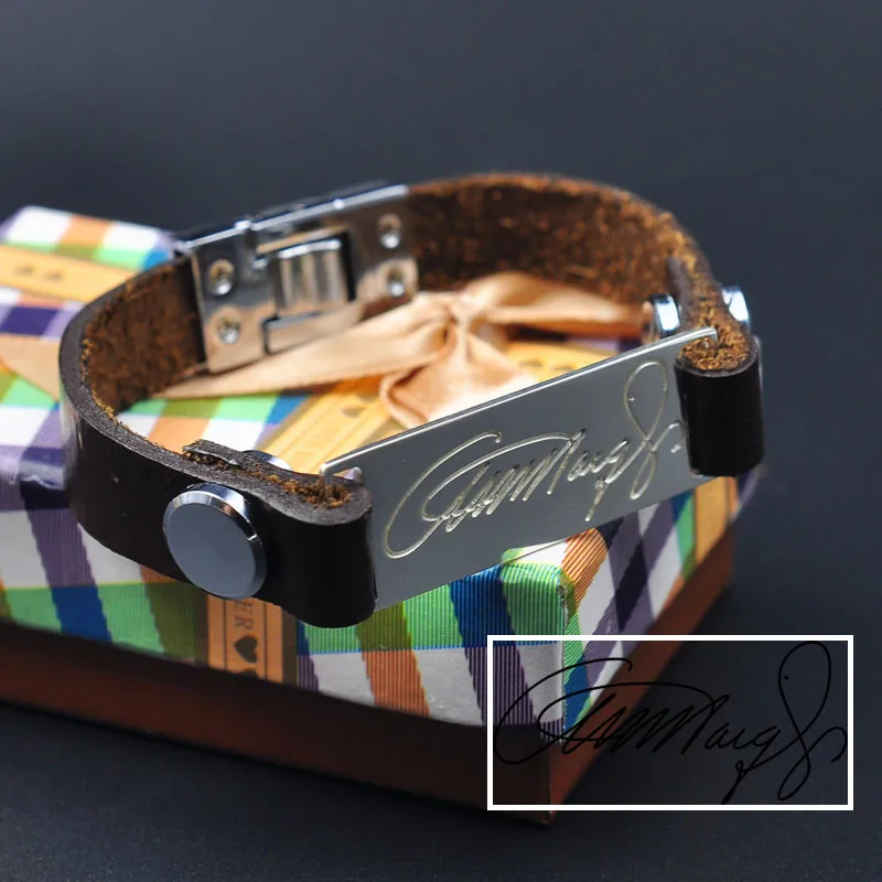 

Personalized Signature Leather Bracelet 925 Silver Engraved Handwriting Charm Fashion Unisex Bangle Custom Valentine Gift