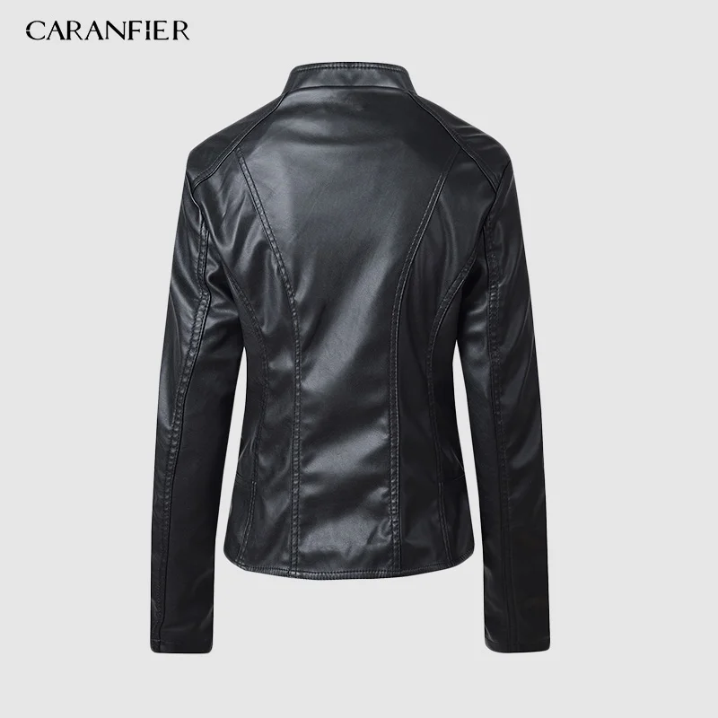 Женская куртка из искусственной кожи CARANFIER Черная байкерская уличная гладкой с