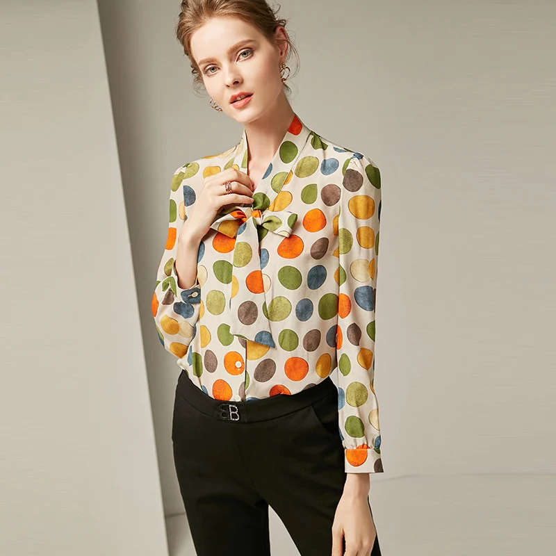 

100% Silk Blouse Women Shirt Colourful Dot Printed Bow Neck Long Sleeves Youth Style Office Top New Fashion 2019