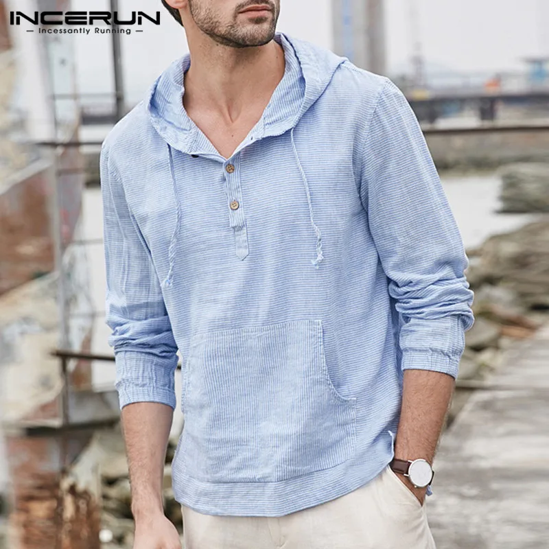 الرجال مخطط هوديس بلوزات مقنعين جيوب خمر أزياء بلوفرات الشارع الشهير عارضة رقيقة هوديي الرجال الملابس 2019 INCERUN