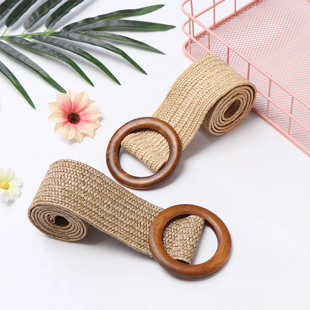 

2019 Round Wooden Buckle Dress Belt For Women Casual Female Braided Wide Strap Female Designer Woven Girls Elastic PP Straw Belt