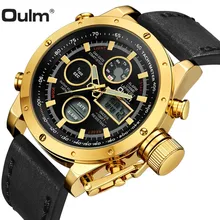 OULM Relógio Do Esporte Da Forma Dos Homens de Ouro de Couro Dual Time Digital Analógico Despertador Calendário Display LED À Prova D’ Água Masculino Relógio de Pulso