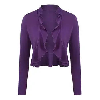 

New Fashion Women Casual V-Neck Long Sleeve Regular fit, Ruffles Trim, Front Open Ruffles Solid Short Outwear