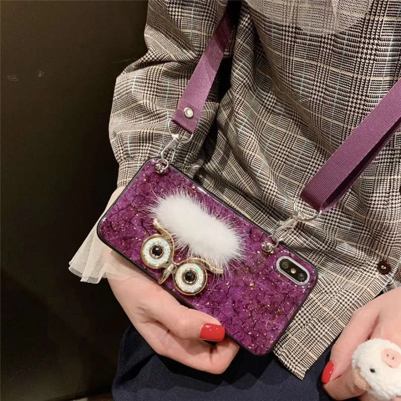 

case for iphone XS MAX XR X 8 7 6 6S plus case cover luxury gold foil marble bling owl tpu+pc with shoulder strap phone bag