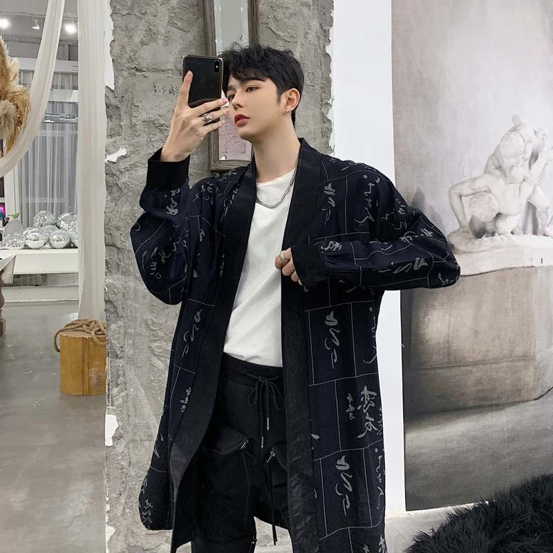 

Men Chinese Print Long Sleeve Casual Shirt Jacket Male Streetwear Fashion Hip Hop Punk Long Cardigan Shirt Coat