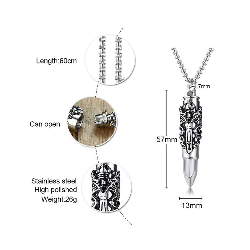 Мужское готическое ожерелье из нержавеющей стали с кулоном в форме пули, мемориальная пепельница, украшения для кремации, 24 дюйма