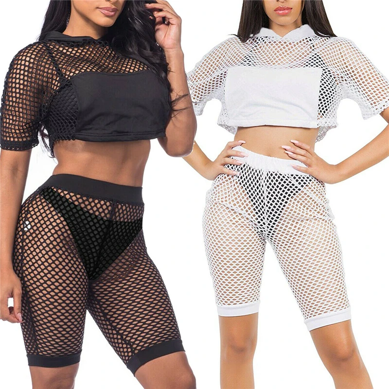 

Two Piece set Women Mesh See Through Bikini Cover up Elegant Short Sleeve Fishnet Crop Top and Shorts Set Beachwear Bathing suit