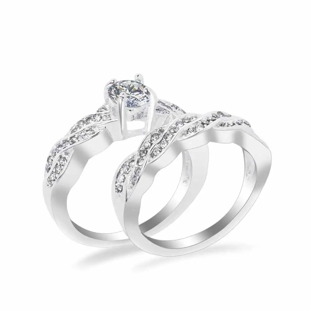 FAMSHIN 2 Pcs / Set Crystal Ring Jewelry Silver Color Wedding Rings for