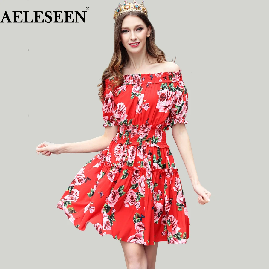 

Bohemian Sweety Women Dresses 2018 Summer Runway Shirred Red Rose Print Elastic Dress Slash Neck Ruffles Lantern Luxury Dress