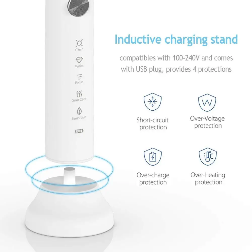 Lächen T7B Sonic Whitening Electric Toothbrush Sonic toothbrush with 4 brush heads and timer 5 modes USB charging Lächen T7B Sonic Whitening Electric Toothbrush Sonic toothbrush with 4 brush heads and timer 5 modes USB charging