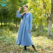 LinenAll dress sky blue original design linen loose long design loose wadded jacket cotton-padded jacket cotton-padded female zi