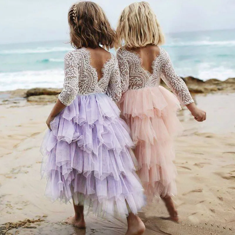 

Summer Lace Girls Dress White Backless Princess Irregular 2-8 Years Kids Wedding Dress For Girls Baby Girl Vestido