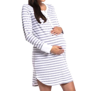 

New Fashion Pregnant Shirt Dress Long Tops Autumn Casual Long Sleeve Striped Breast Feeding Clothing Loose Maternity Mini Dress