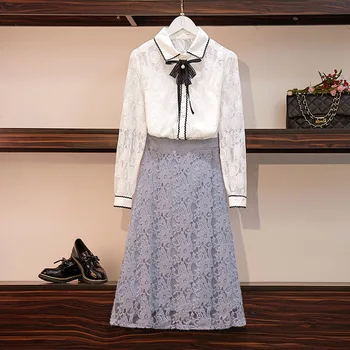 

HAMALIEL Women 3PCS Suits 2019 Spring White Bow Hollow Out Lace Blouse Tops + Sexy Vest + Fashion Gray A Line Knee Skirt Suits