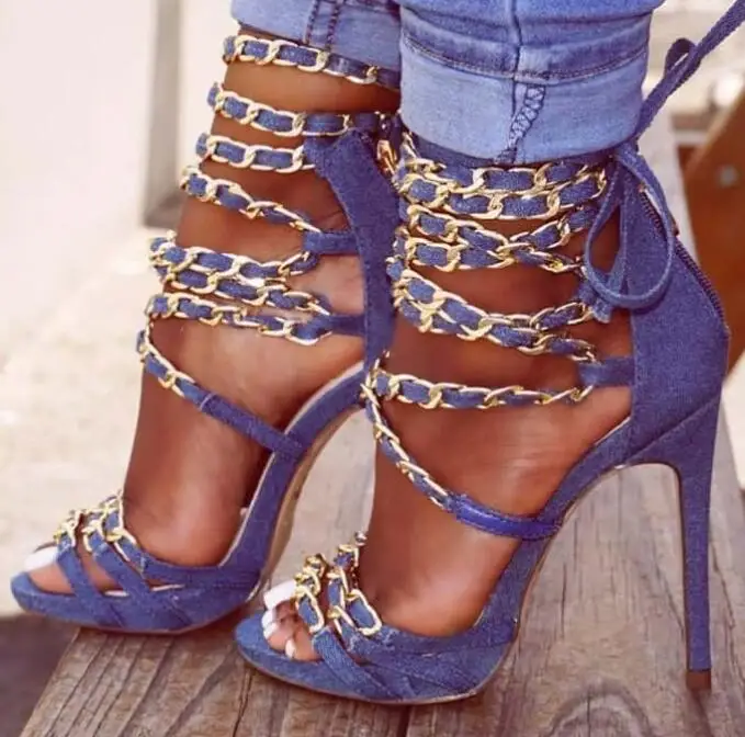 

Moraima Snc Chain Back Zipper Lace Up Peep-toe Stiletto Heel High Heel Sandals Sexy Cutouts Shoes for Woman Night Club Shoes