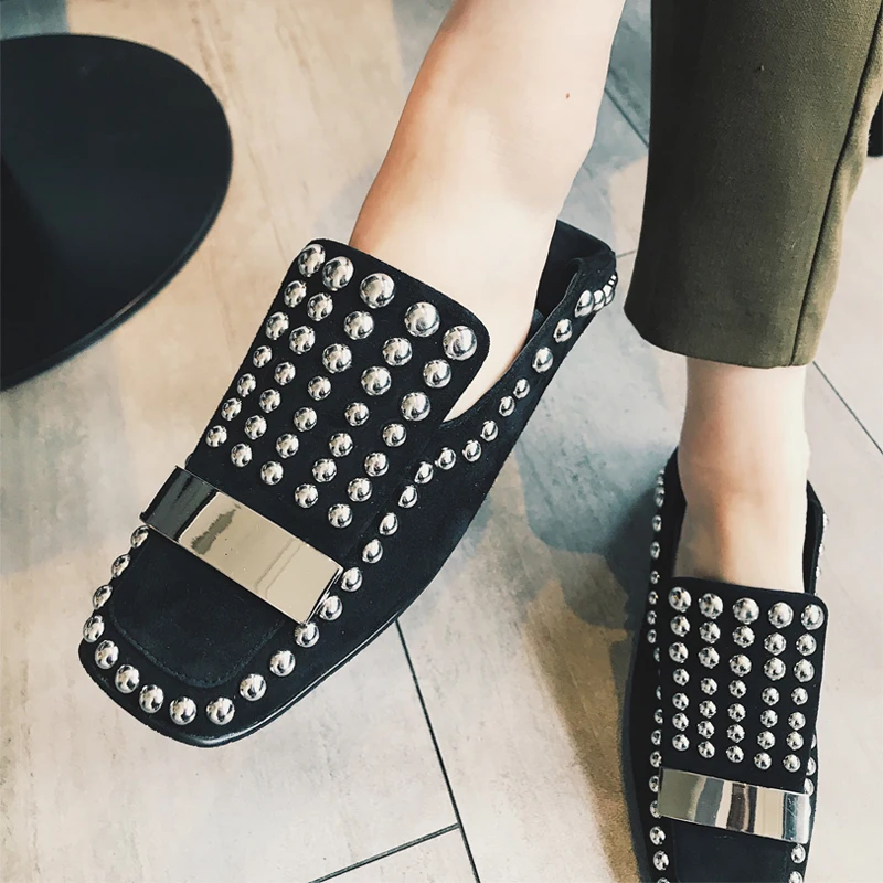 Slip Primavera Casuales Cuero Piso Dos Las Perfetto Tamaño black Remache Tachonado De Beige Prova Zapatos Desgaste Mujeres Nuevo Gran Acogedor Metal zq0xwv