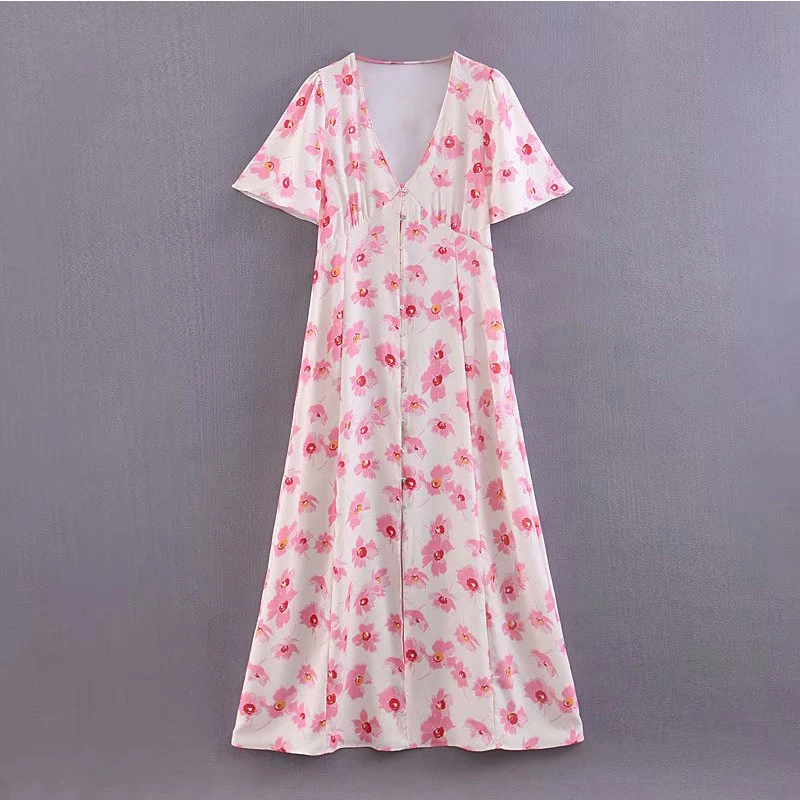

Women Dress Summer 2019 Polyester Floral Print V-Neck Button Dress Ms Summer Street Leisure Fashion Short Sleeve Dress
