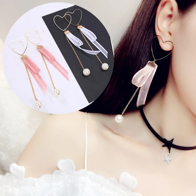 

LNRRABC Venetian Pearl Drop Earrings Lace Ribbon Korean Chiffon Handmade Girls Allergy White Pink Wedding Long Love Shape Soft