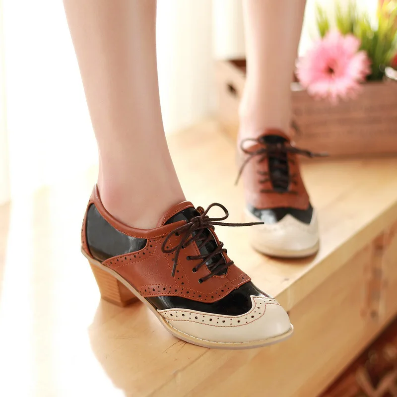 Women Pumps Lace Up Mixed Color High Heels Oxfords Shoes Womanwomen