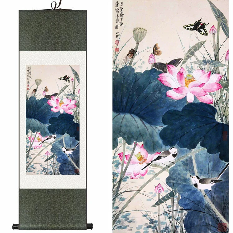 

Chinese Silk watercolor flower & bird Lotus Kingfisher butterfly ink feng shui canvas wall picture damask framed scroll painting