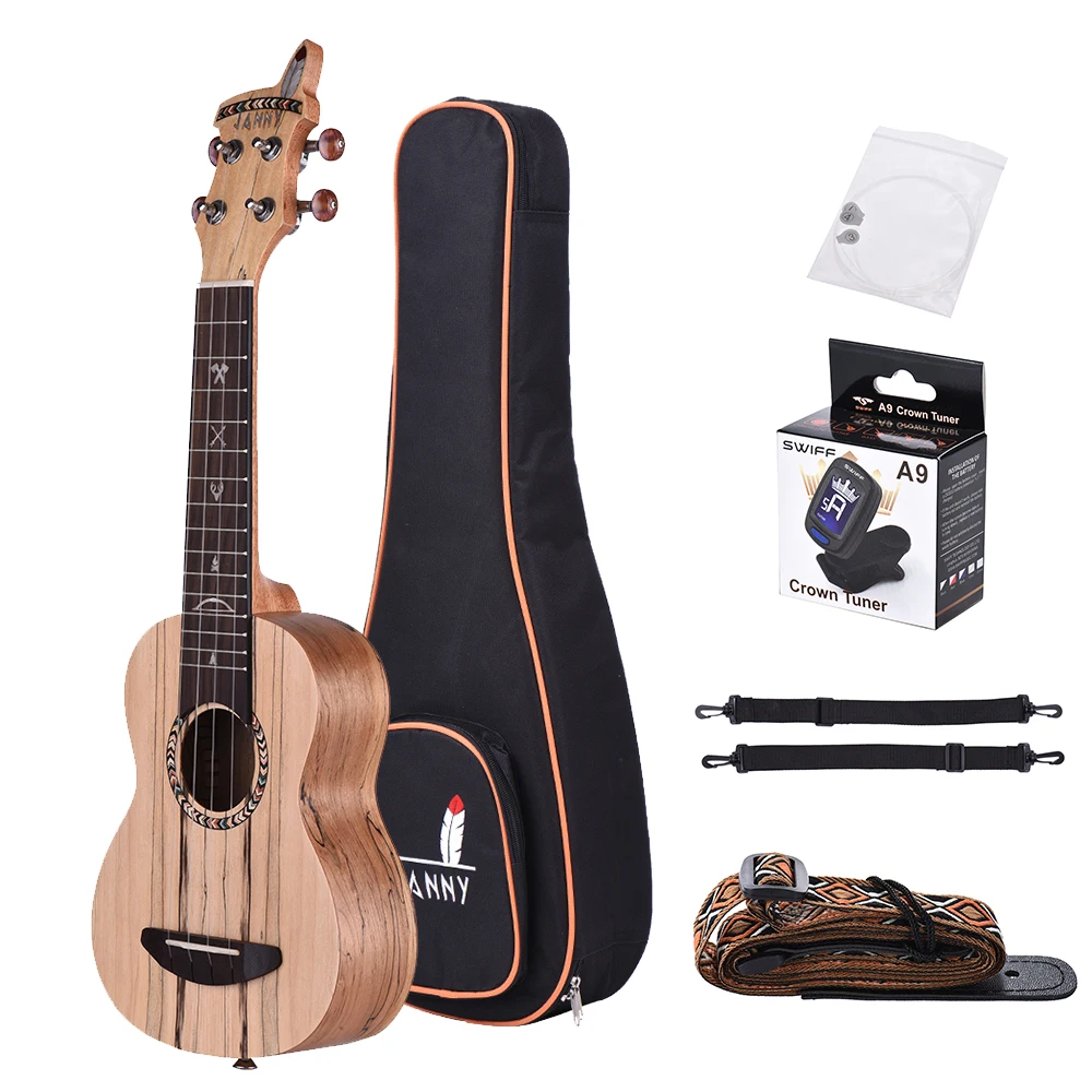 Ammoon Hot Sales 21" Acoustic Wooden Soprano Ukulele Ukelele Uke Spalted Maple Wood Carbon String with Clip-on Tuner