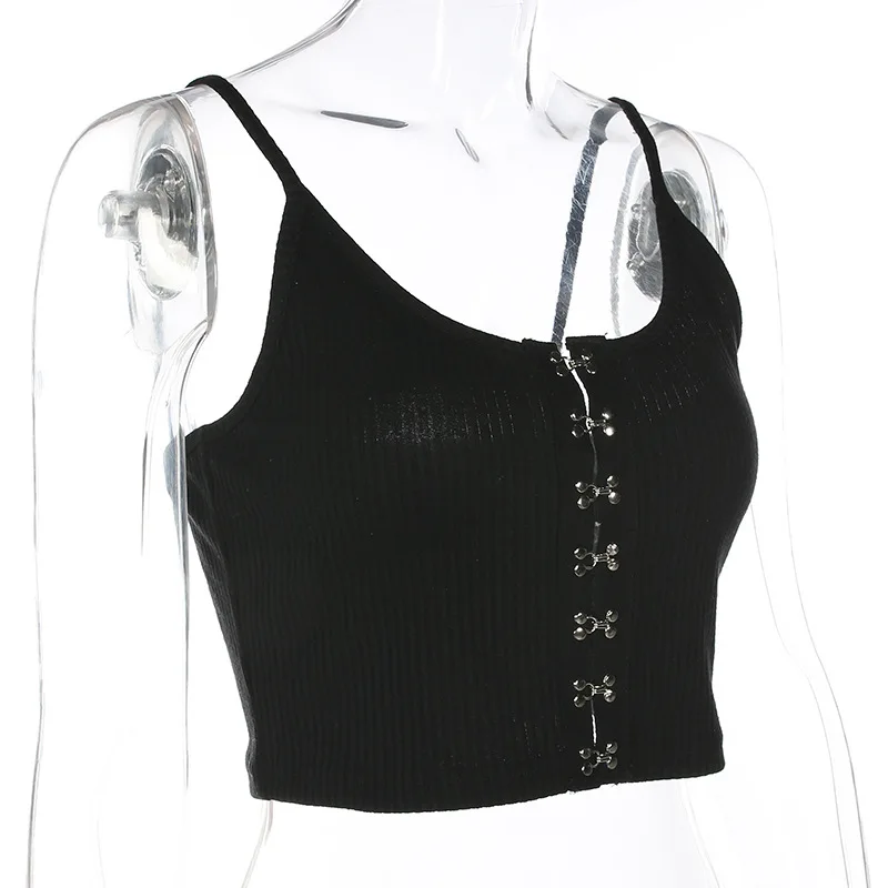 Арцу черная Базовая безрукавка, топы, футболки без рукавов с открытой спиной, спагетти, на бретелях, укороченный топ, Повседневная модная футболка с кнопками для фитнеса ASVE20092