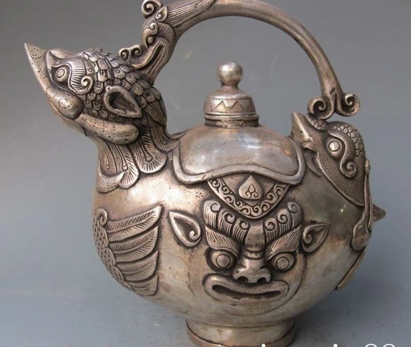 

8" Marked china Chinese silver bird beast head statue Yellow Wine Tea Pot Flagon