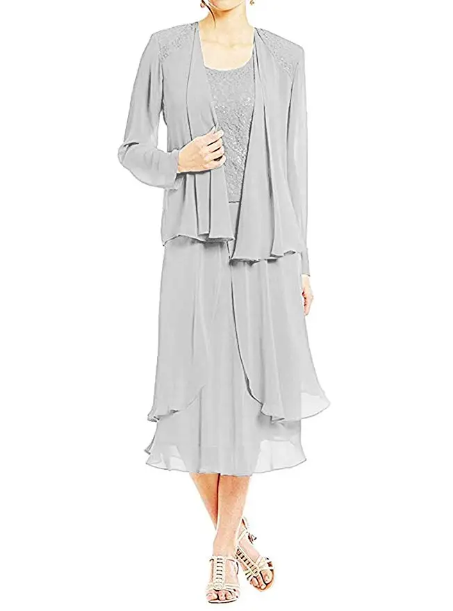 

2019 New 2 Pieces Long Sleeves Mother The Bride Dresses With Chiffon Jacket Robe Mere De La Mariee